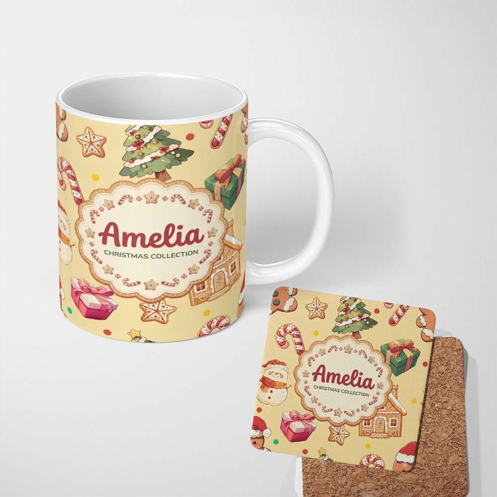 Personalized Custom Name Christmas Gingerbread Man Tree Gift Snowman on Soft Yellow 11oz Ceramic Coffee Tea Mug White Large Handle