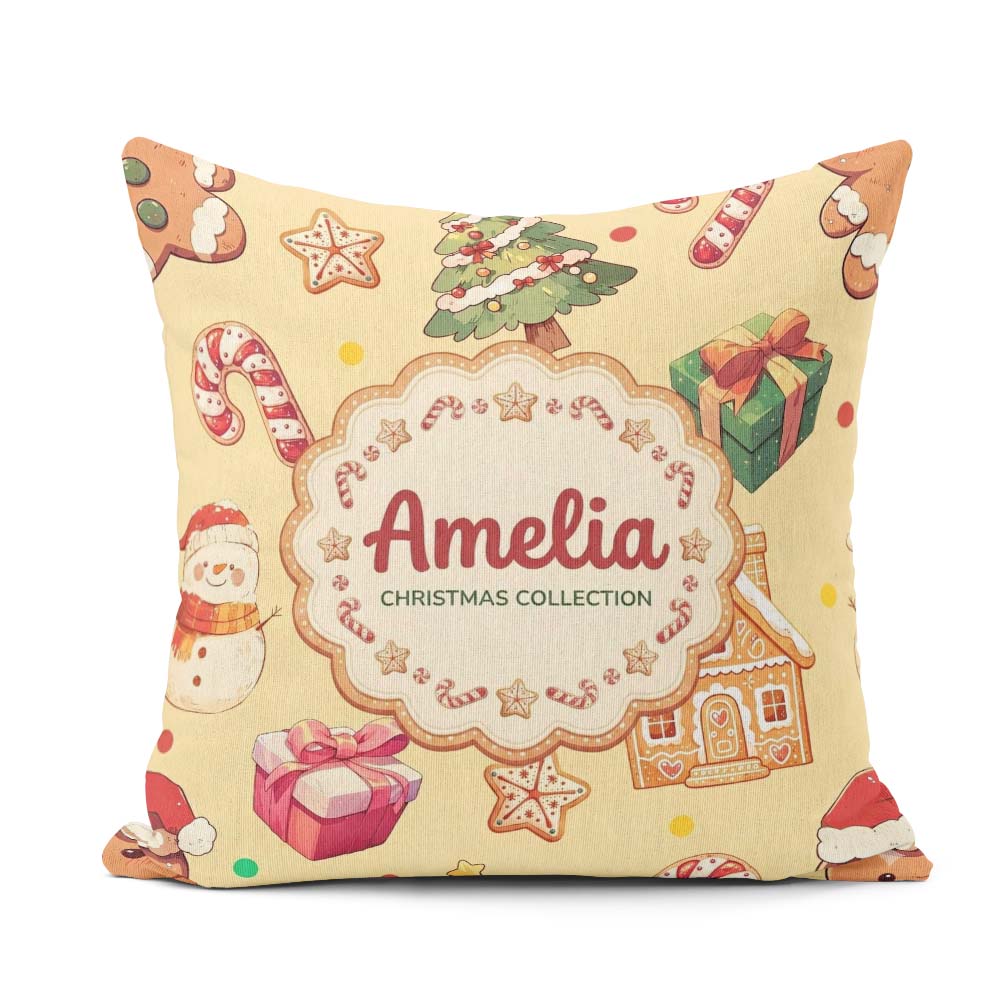 Custom Name Christmas Gingerbread Man Tree Gift Snowman on Soft Square Filled Cushion Throw Pillow Sofa Bed Home Decor Zip Washable UK Made