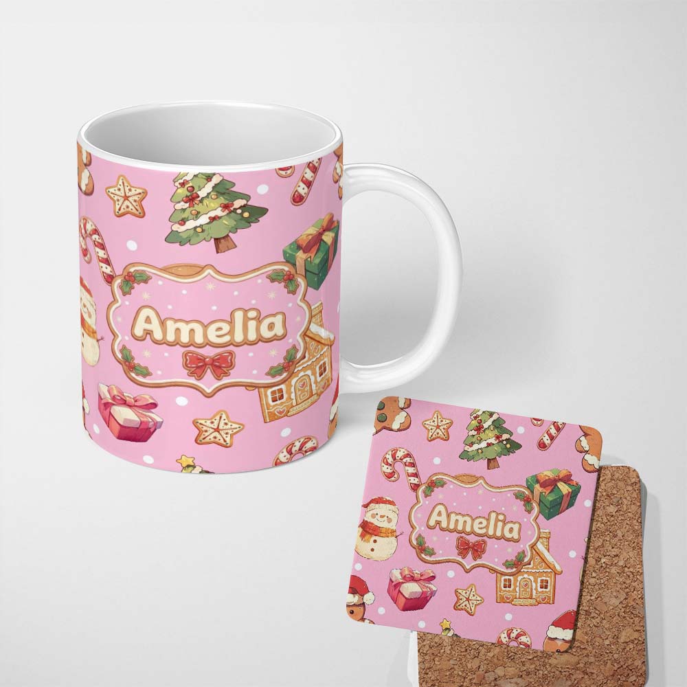 Personalized Custom Name Christmas Gingerbread Man Tree Gift Snowman on Pink Background 11oz Ceramic Coffee Tea Mug White Large Handle