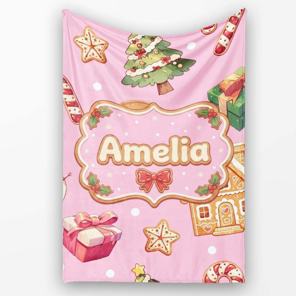 Christmas Gingerbread Man Tree Gift Snowman on Pink Background Personalised Custom Name Super Soft Fleece Blanket Bed Sofa Throw