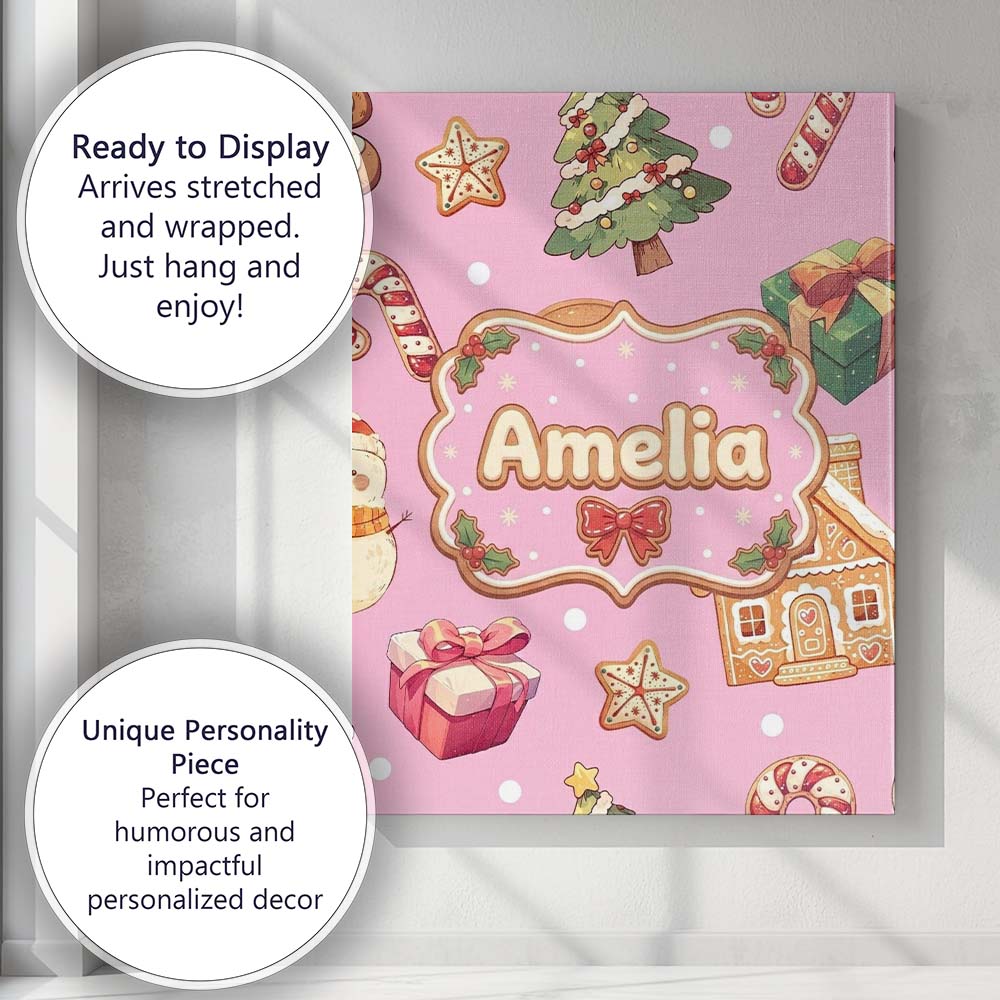 Personalised Name Christmas Gingerbread Man Custom Bespoke Interior Contemporary Canvas Wall Art Print Decor Picture Ready to Hang