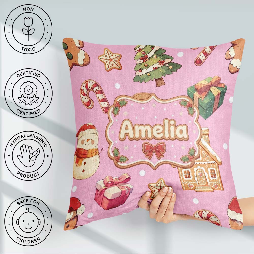 Custom Name Gingerbread Man Tree Gift Snowman on Pink Background Square Filled Cushion Throw Pillow Sofa Bed Home Decor Zip Washable UK Made