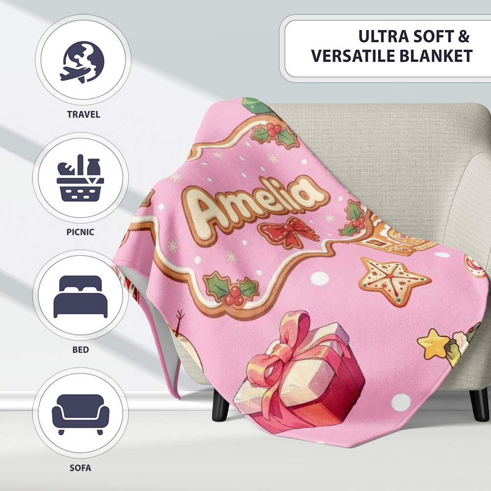 Christmas Gingerbread Man Tree Gift Snowman on Pink Background Personalised Custom Name Super Soft Fleece Blanket Bed Sofa Throw