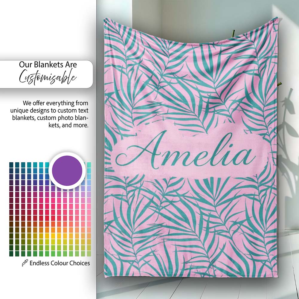 Bold Tropical Leaves Pink Green Abstract Seamless Pattern Lovely Personalised Custom Name Super Soft Fleece Blanket Bed Sofa Throw