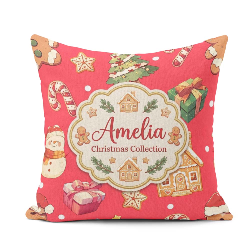Custom Name Gingerbread Man Tree Gift Snowman on Red Background Square Filled Cushion Throw Pillow Sofa Bed Home Decor Zip Washable UK Made