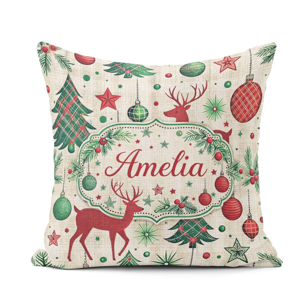 Custom Name Red Reindeer Christmas Ornaments Festive Seamless Square Filled Cushion Throw Pillow Sofa Bed Home Decor Zip Washable UK Made
