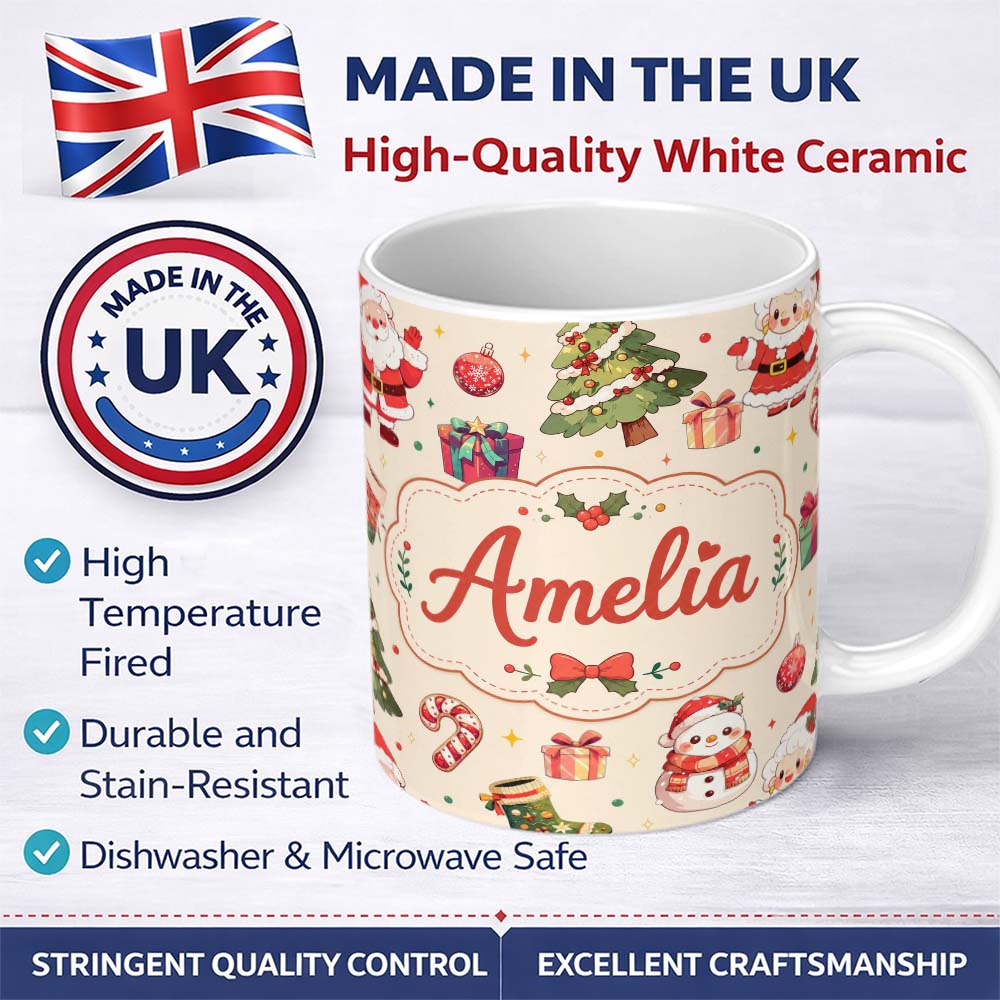 Personalized Custom Name Cute Santa Claus Mrs Snowman Gift Candy Festive Seamless Pattern 11oz Ceramic Coffee Tea Mug White Large Handle