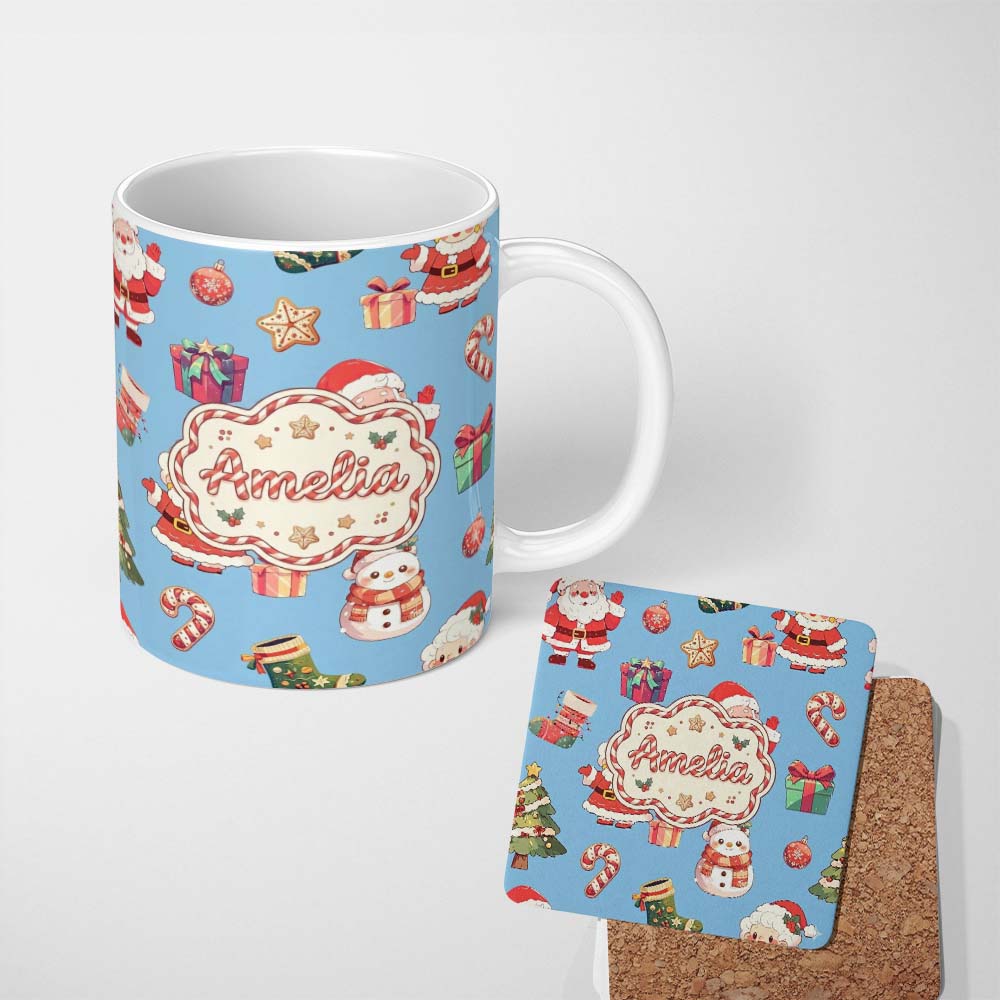 Personalized Custom Name Cute Santa Claus Mrs Snowman Gift Candy on Blue Background Seamless 11oz Ceramic Coffee Tea Mug White Large Handle