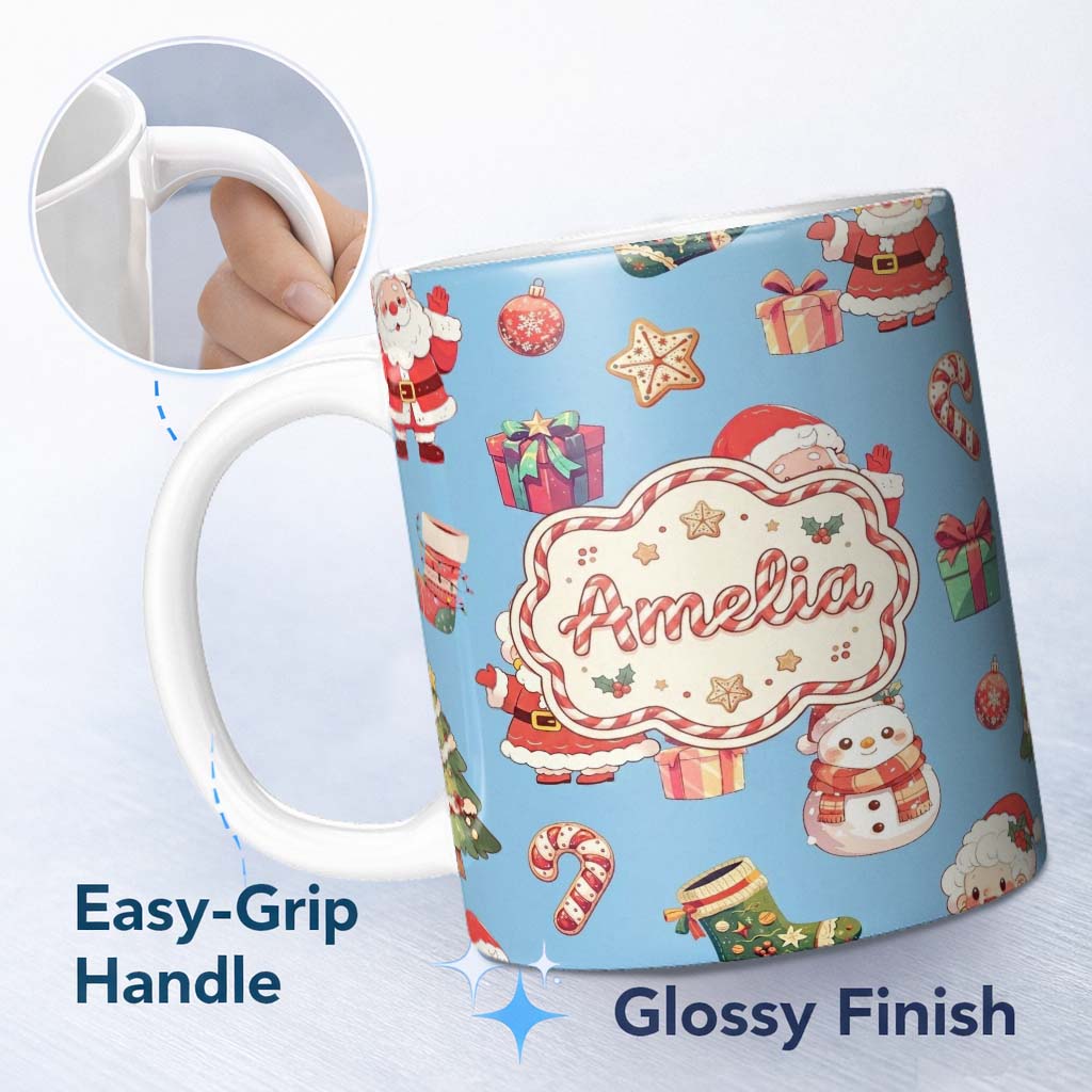 Personalized Custom Name Cute Santa Claus Mrs Snowman Gift Candy on Blue Background Seamless 11oz Ceramic Coffee Tea Mug White Large Handle