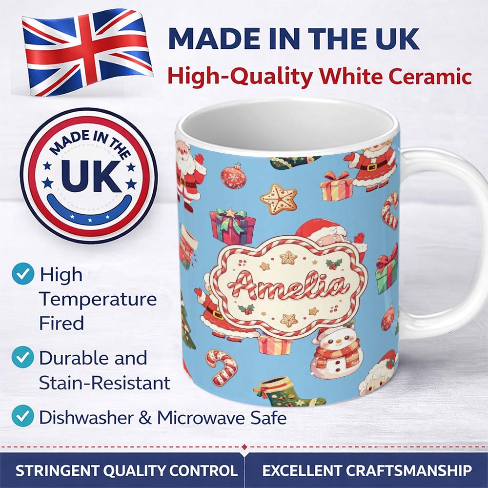 Personalized Custom Name Cute Santa Claus Mrs Snowman Gift Candy on Blue Background Seamless 11oz Ceramic Coffee Tea Mug White Large Handle