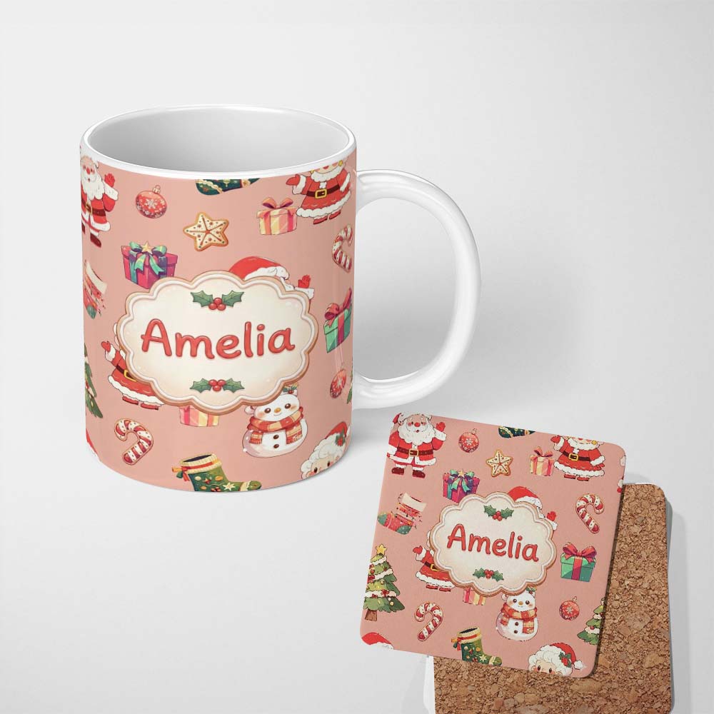 Personalized Custom Name Cute Santa Claus Mrs Snowman Gift Candy on Peach Background 11oz Ceramic Coffee Tea Mug White Large Handle