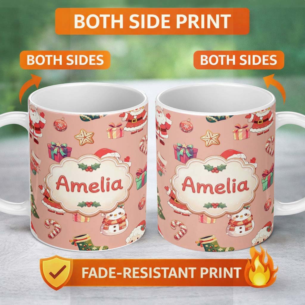 Personalized Custom Name Cute Santa Claus Mrs Snowman Gift Candy on Peach Background 11oz Ceramic Coffee Tea Mug White Large Handle