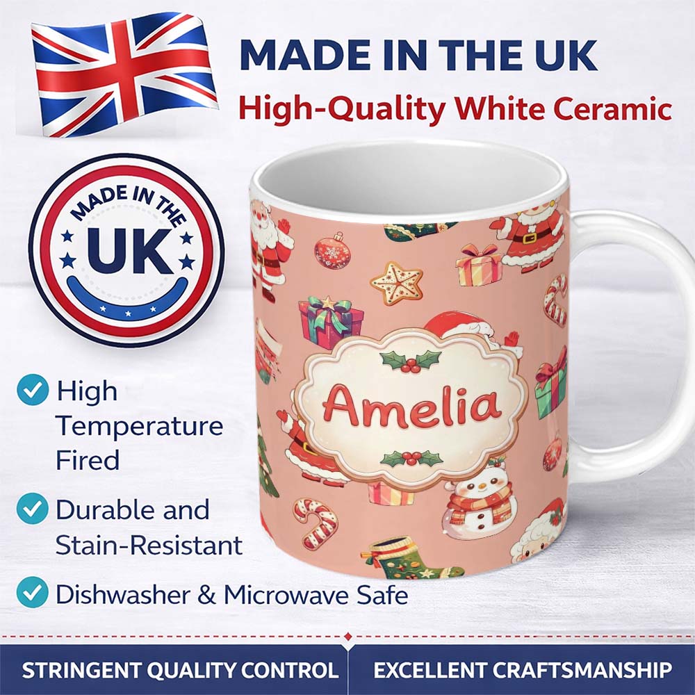 Personalized Custom Name Cute Santa Claus Mrs Snowman Gift Candy on Peach Background 11oz Ceramic Coffee Tea Mug White Large Handle