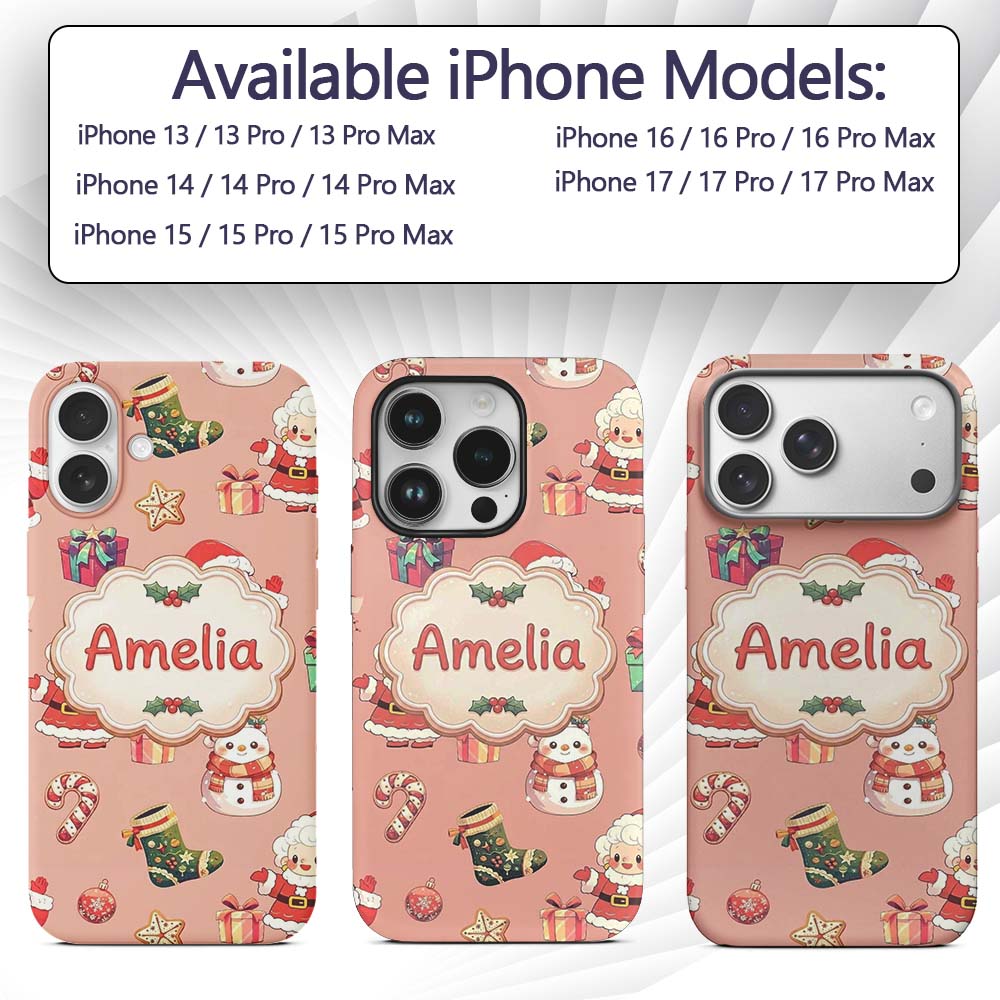 Cute Santa Claus Mrs Snowman Gift Candy on Peach Custom Name Protective Phone Case Mobile Cover Durable Everyday Smartphone Shock Resistant