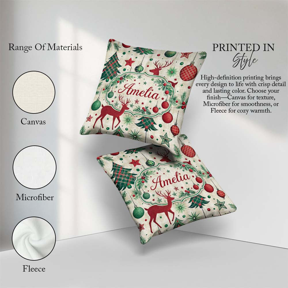 Custom Name Red Reindeer Christmas Ornaments Festive Seamless Square Filled Cushion Throw Pillow Sofa Bed Home Decor Zip Washable UK Made