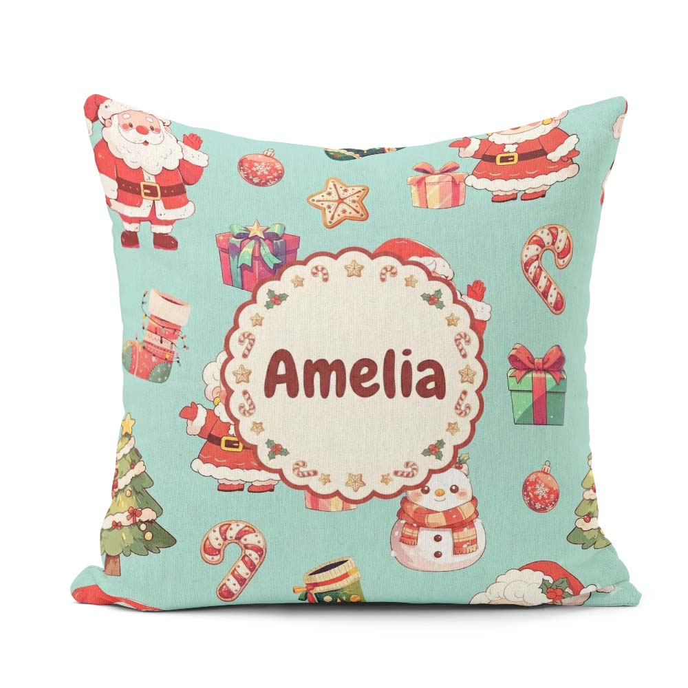 Custom Name Cute Santa Claus Mrs Snowman Candy on Mint Seamless Square Filled Cushion Throw Pillow Sofa Bed Home Decor Zip Washable UK Made