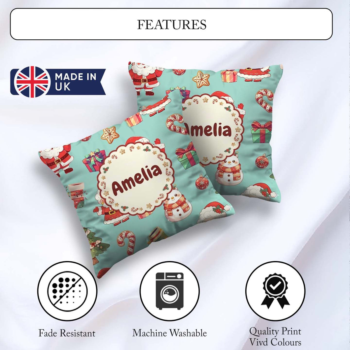 Custom Name Cute Santa Claus Mrs Snowman Candy on Mint Seamless Square Filled Cushion Throw Pillow Sofa Bed Home Decor Zip Washable UK Made