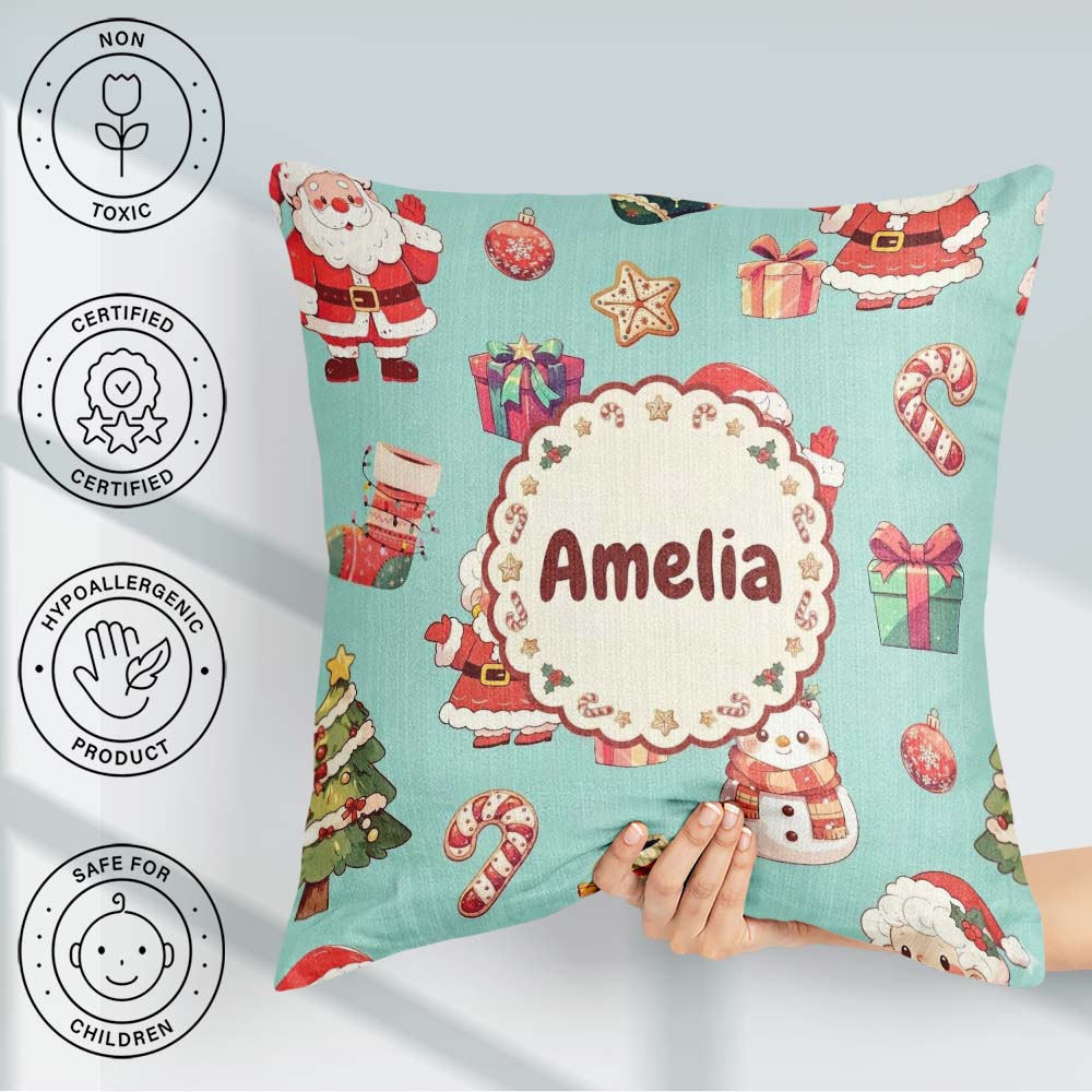 Custom Name Cute Santa Claus Mrs Snowman Candy on Mint Seamless Square Filled Cushion Throw Pillow Sofa Bed Home Decor Zip Washable UK Made