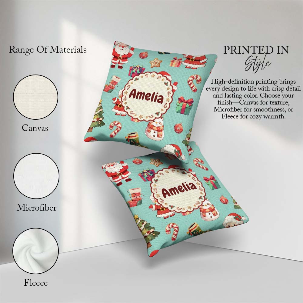 Custom Name Cute Santa Claus Mrs Snowman Candy on Mint Seamless Square Filled Cushion Throw Pillow Sofa Bed Home Decor Zip Washable UK Made