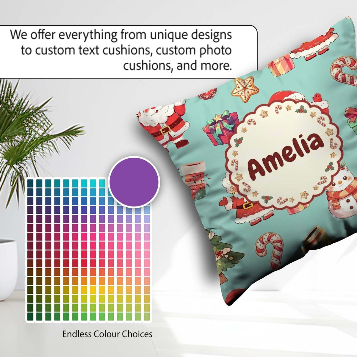 Custom Name Cute Santa Claus Mrs Snowman Candy on Mint Seamless Square Filled Cushion Throw Pillow Sofa Bed Home Decor Zip Washable UK Made