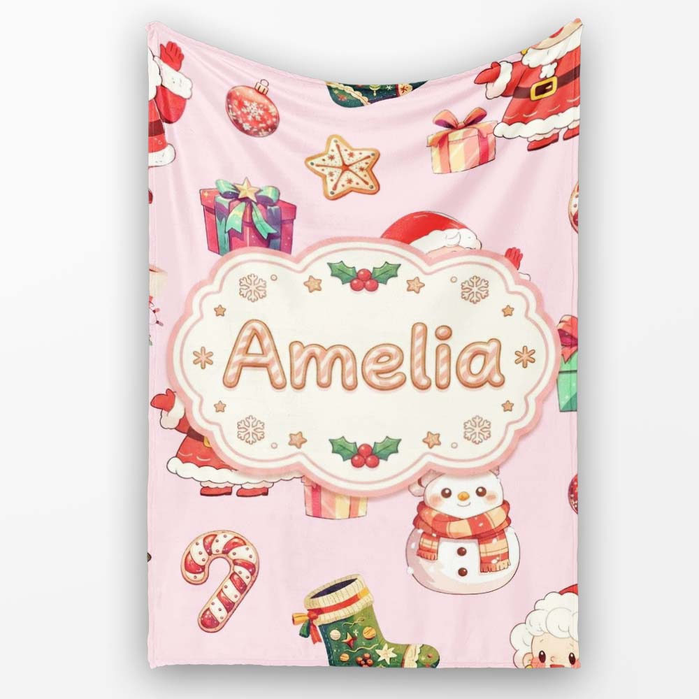 Cute Santa Claus Mrs Snowman Gift Candy on Pink Background Seamless Personalised Custom Name Super Soft Fleece Blanket Bed Sofa Throw