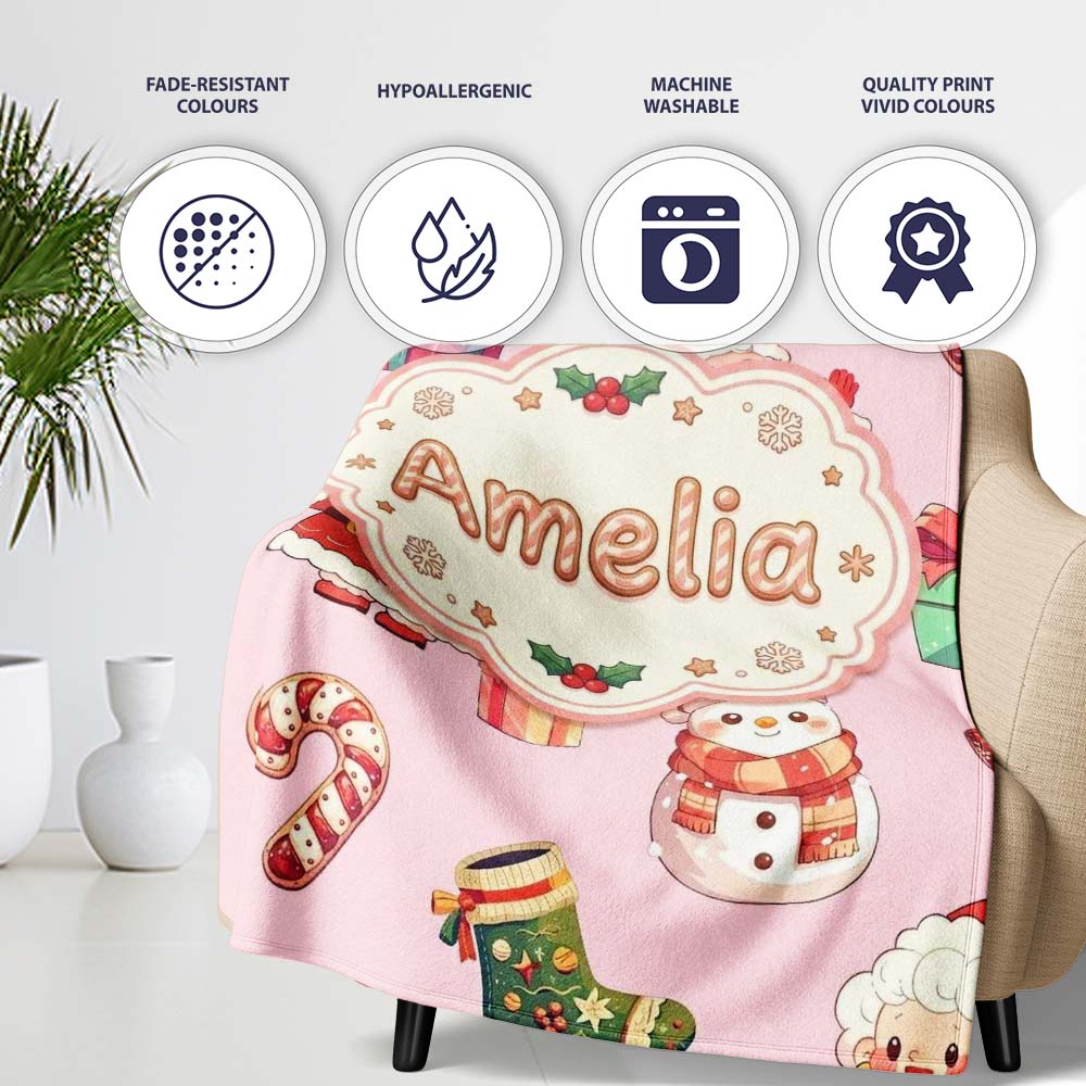 Cute Santa Claus Mrs Snowman Gift Candy on Pink Background Seamless Personalised Custom Name Super Soft Fleece Blanket Bed Sofa Throw