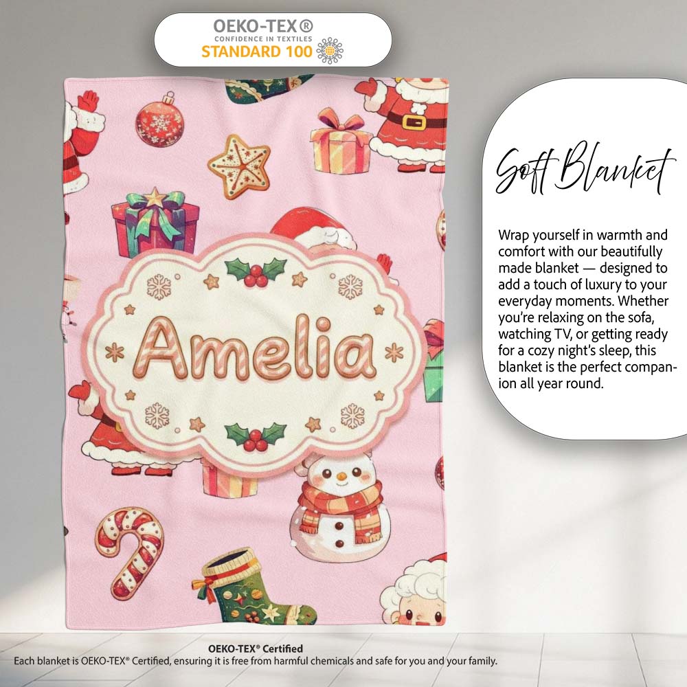 Cute Santa Claus Mrs Snowman Gift Candy on Pink Background Seamless Personalised Custom Name Super Soft Fleece Blanket Bed Sofa Throw
