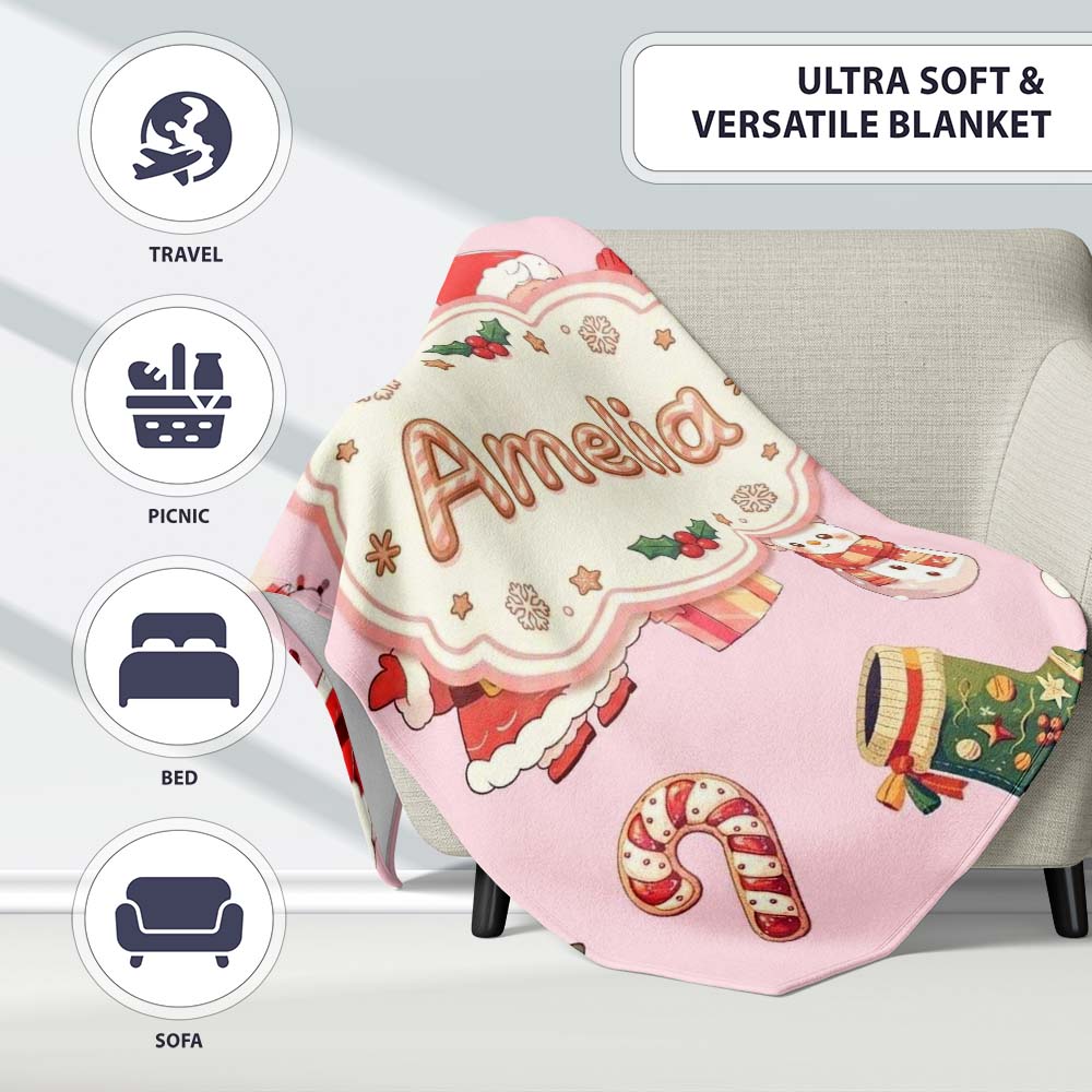 Cute Santa Claus Mrs Snowman Gift Candy on Pink Background Seamless Personalised Custom Name Super Soft Fleece Blanket Bed Sofa Throw