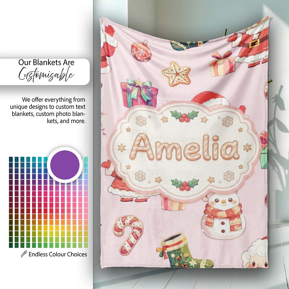 Cute Santa Claus Mrs Snowman Gift Candy on Pink Background Seamless Personalised Custom Name Super Soft Fleece Blanket Bed Sofa Throw