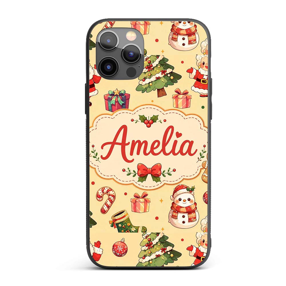 Cute Santa Claus Mrs Snowman Gift Candy on Beige Custom Name Protective Phone Case Mobile Cover Durable Everyday Smartphone Shock Resistant