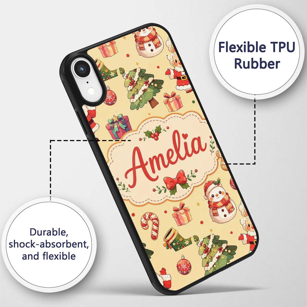 Cute Santa Claus Mrs Snowman Gift Candy on Beige Custom Name Protective Phone Case Mobile Cover Durable Everyday Smartphone Shock Resistant