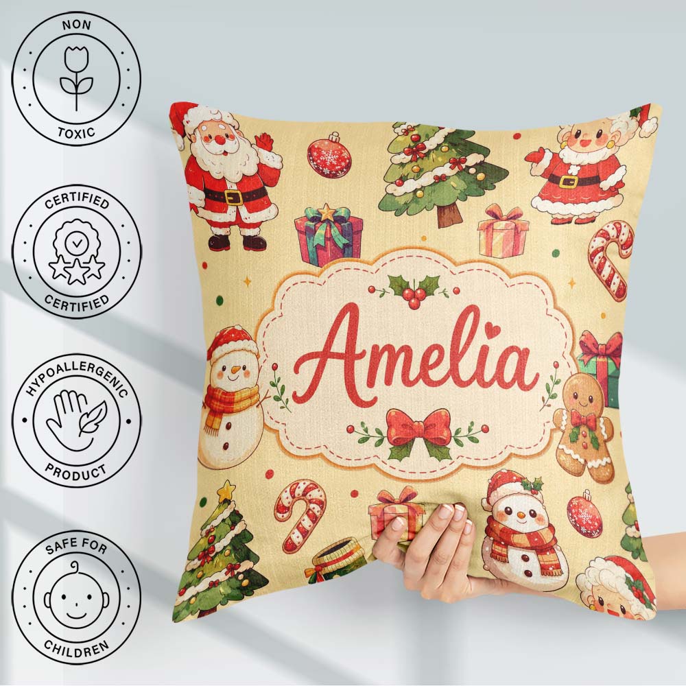 Custom Name Santa Claus Mrs Snowman Candy on Beige Background Square Filled Cushion Throw Pillow Sofa Bed Home Decor Zip Washable UK Made