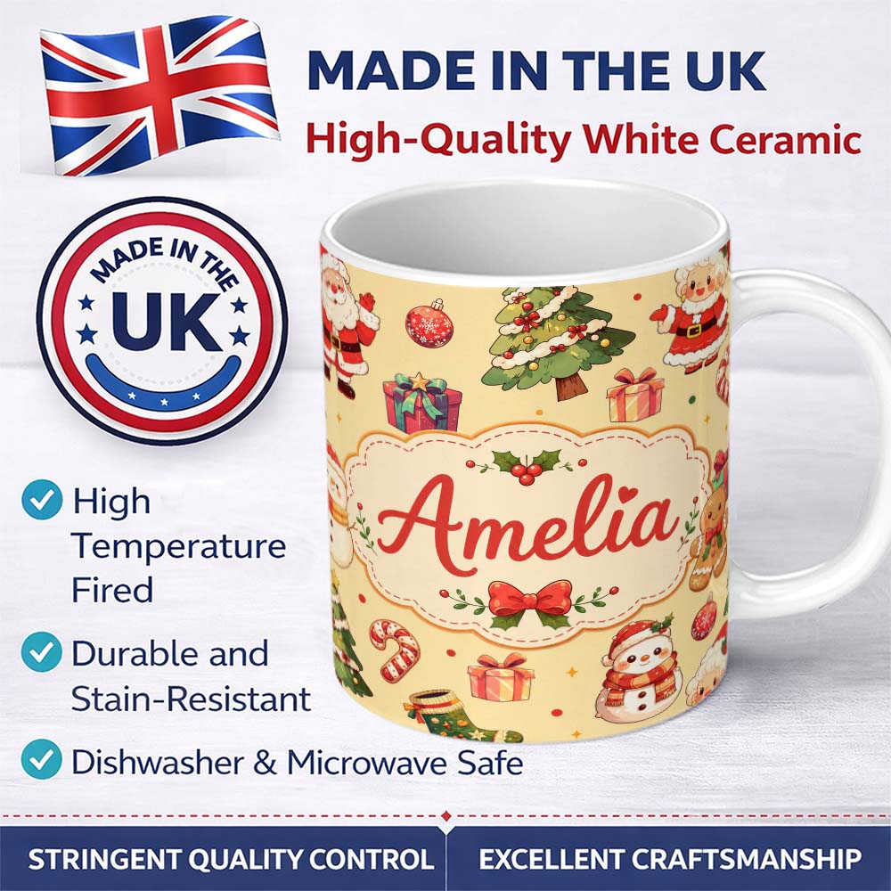 Personalized Custom Name Cute Santa Claus Mrs Snowman Gift Candy on Beige Background 11oz Ceramic Coffee Tea Mug White Large Handle