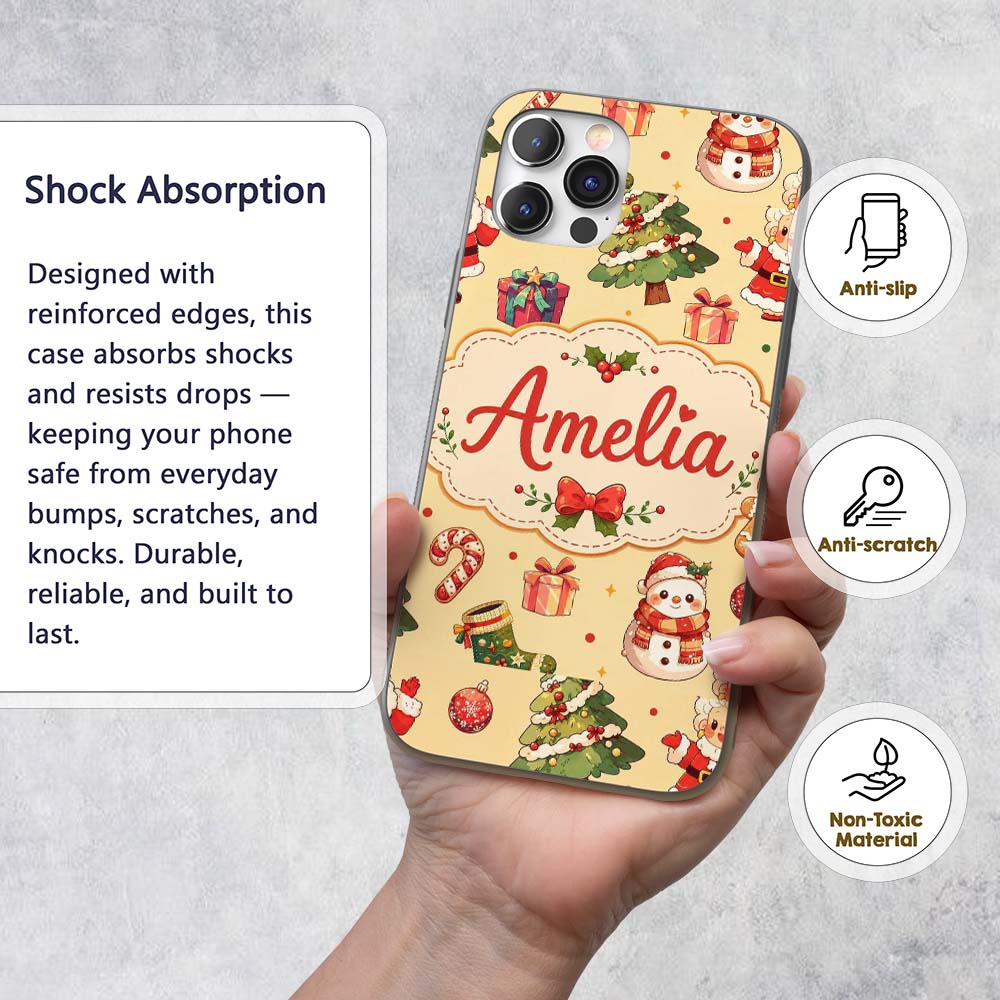 Cute Santa Claus Mrs Snowman Gift Candy on Beige Custom Name Protective Phone Case Mobile Cover Durable Everyday Smartphone Shock Resistant