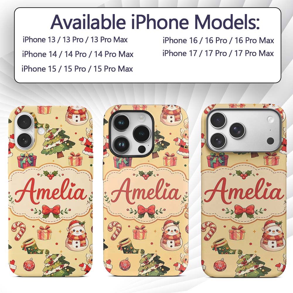 Cute Santa Claus Mrs Snowman Gift Candy on Beige Custom Name Protective Phone Case Mobile Cover Durable Everyday Smartphone Shock Resistant