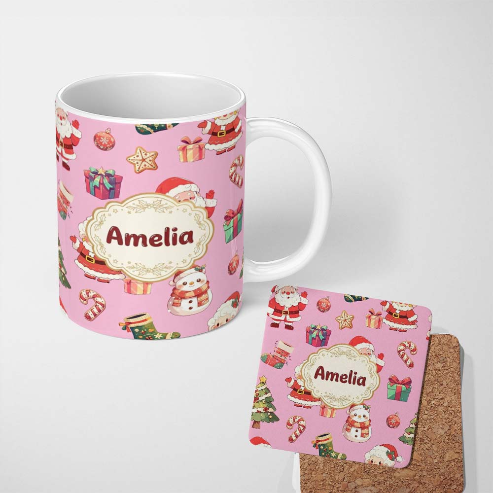 Personalized Custom Name Cute Santa Claus Mrs Snowman Gift Candy on Pink Background Seamless 11oz Ceramic Coffee Tea Mug White Large Handle