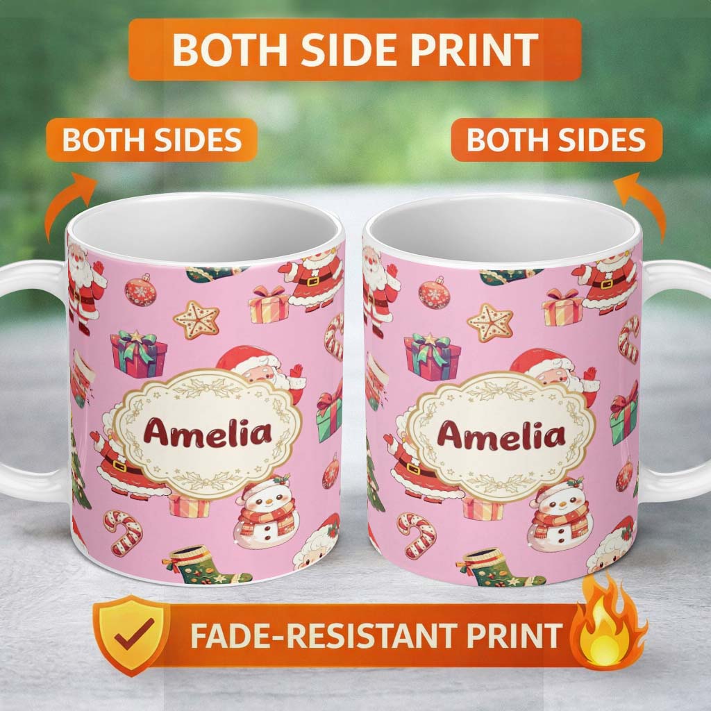 Personalized Custom Name Cute Santa Claus Mrs Snowman Gift Candy on Pink Background Seamless 11oz Ceramic Coffee Tea Mug White Large Handle