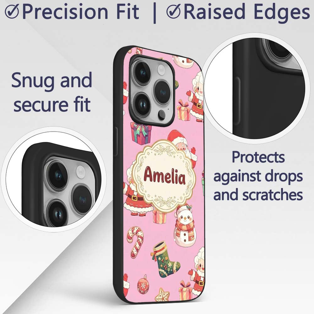 Cute Santa Claus Mrs Snowman Gift Candy on Pink Custom Name Protective Phone Case Mobile Cover Durable Everyday Smartphone Shock Resistant
