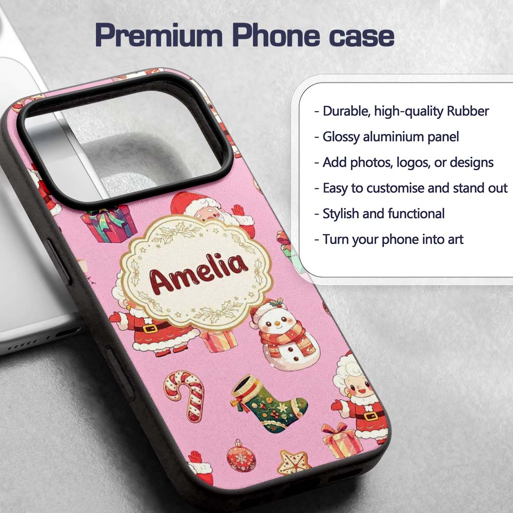 Cute Santa Claus Mrs Snowman Gift Candy on Pink Custom Name Protective Phone Case Mobile Cover Durable Everyday Smartphone Shock Resistant