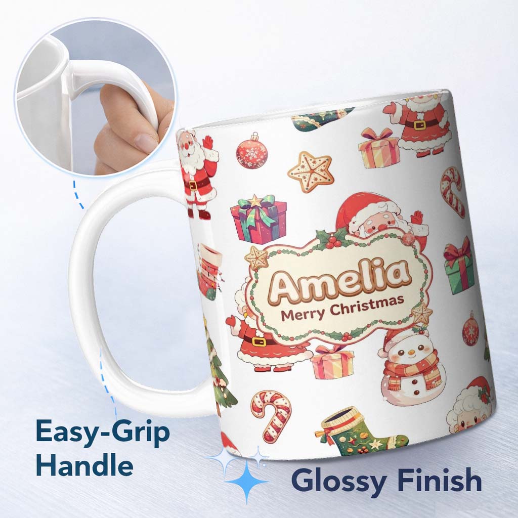 Personalized Custom Name Cute Santa Claus Mrs Snowman Gift Candy on Light Grey Background 11oz Ceramic Coffee Tea Mug White Large Handle