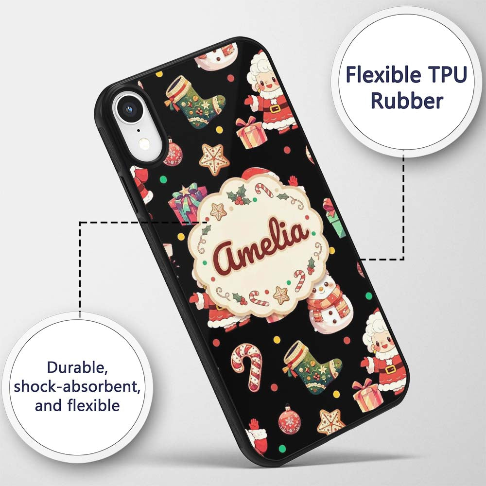 Cute Santa Claus Mrs Snowman Gift Candy on Black Custom Name Protective Phone Case Mobile Cover Durable Everyday Smartphone Shock Resistant