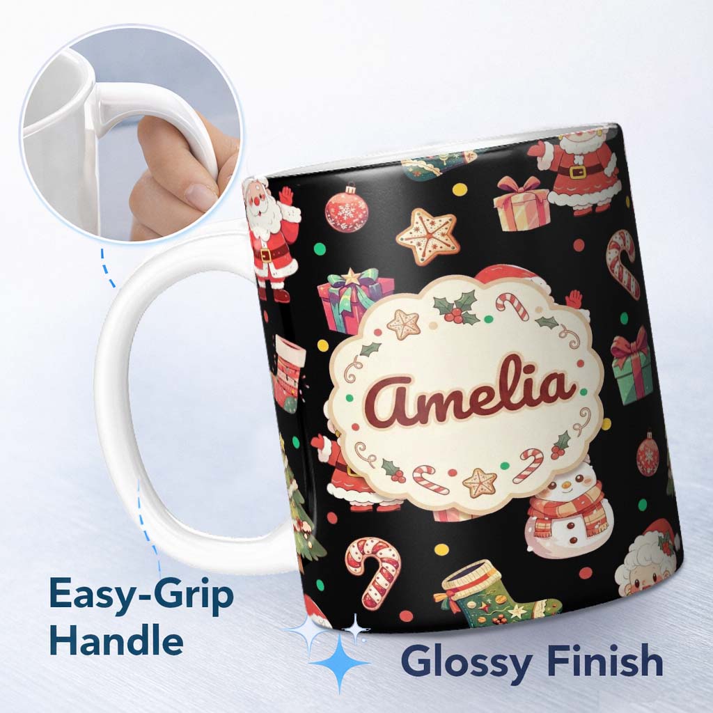 Personalized Custom Name Cute Santa Claus Mrs Snowman Gift Candy on Black Background 11oz Ceramic Coffee Tea Mug White Large Handle