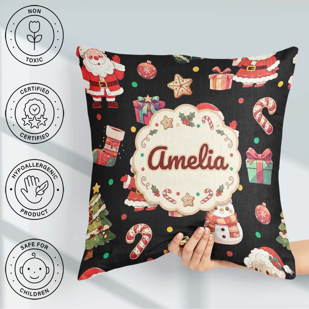 Custom Name Santa Claus Mrs Snowman Candy on Black Background Square Filled Cushion Throw Pillow Sofa Bed Home Decor Zip Washable UK Made