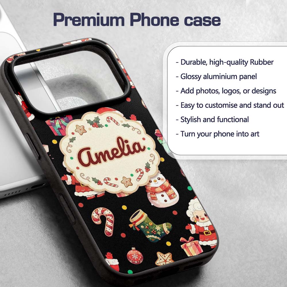 Cute Santa Claus Mrs Snowman Gift Candy on Black Custom Name Protective Phone Case Mobile Cover Durable Everyday Smartphone Shock Resistant