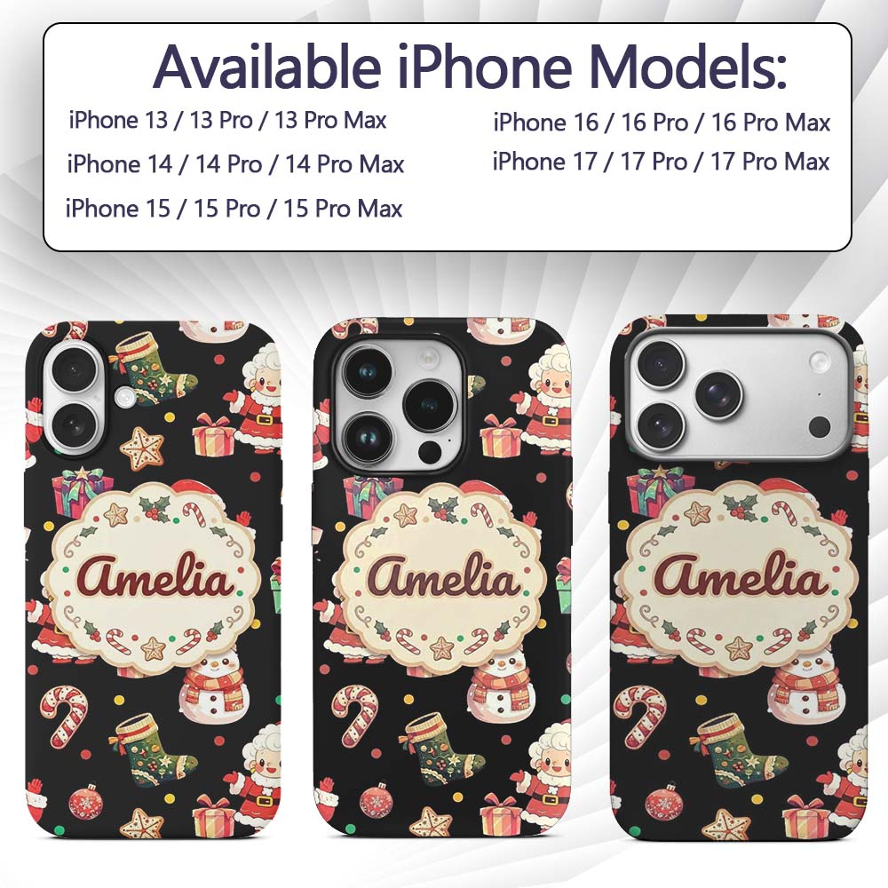 Cute Santa Claus Mrs Snowman Gift Candy on Black Custom Name Protective Phone Case Mobile Cover Durable Everyday Smartphone Shock Resistant