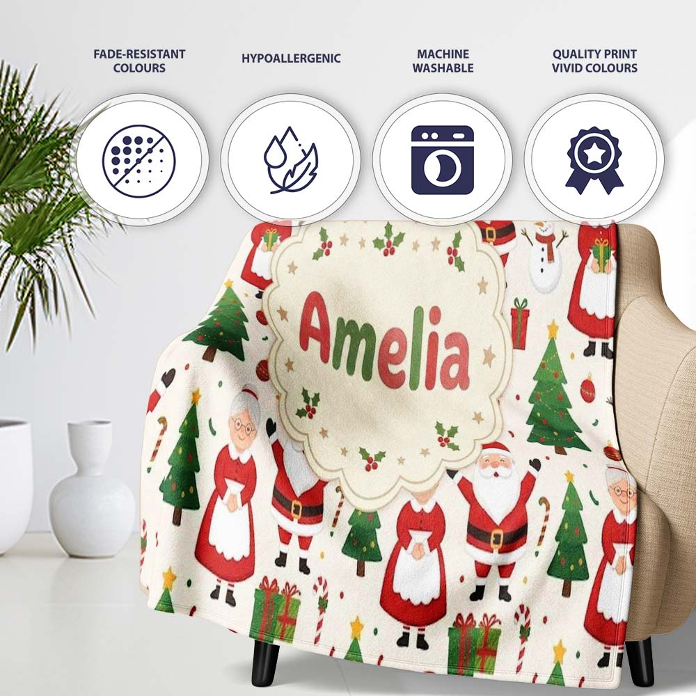 Santa Claus Mrs Snowman Gift Candy Confetti on White Background Personalised Custom Name Super Soft Fleece Blanket Bed Sofa Throw