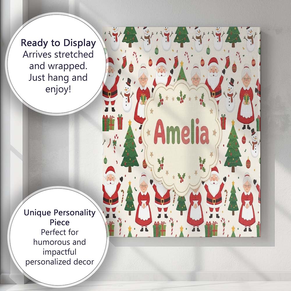 Personalised Name Santa Claus Mrs Snowman Custom Unique Gift Idea Elegant Feature Canvas Wall Art Print Decor Picture Ready to Hang