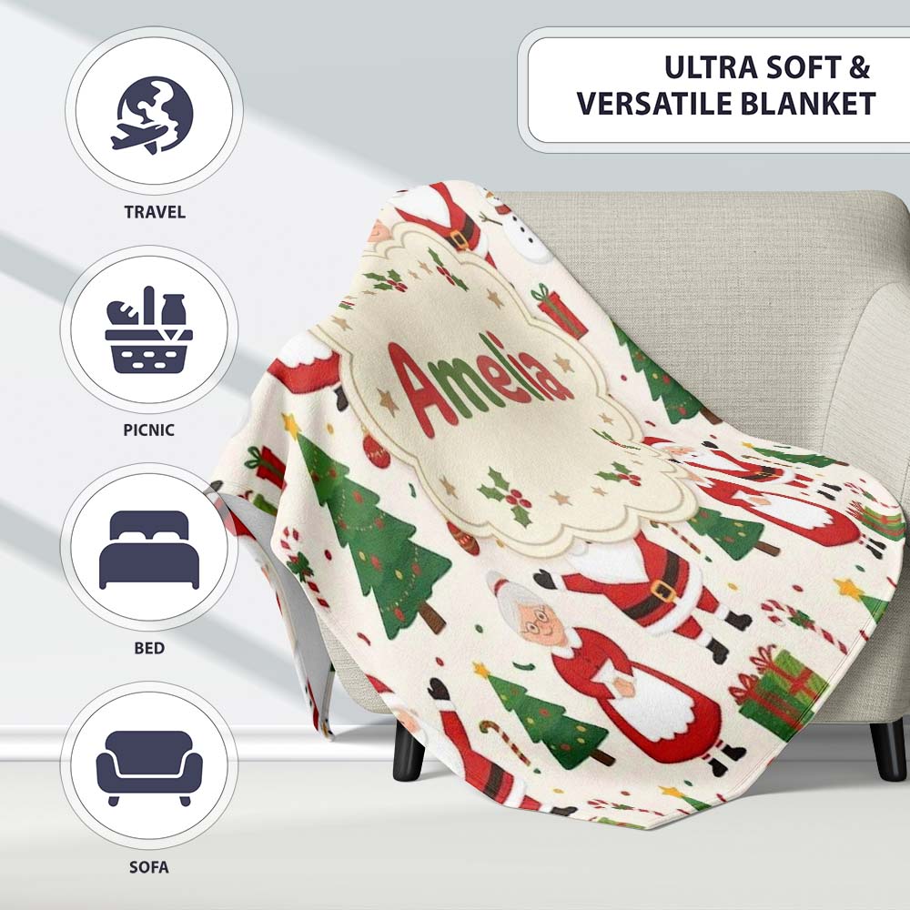 Santa Claus Mrs Snowman Gift Candy Confetti on White Background Personalised Custom Name Super Soft Fleece Blanket Bed Sofa Throw