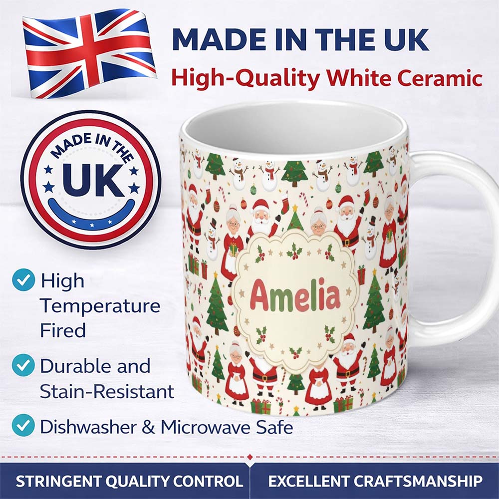Personalized Custom Name Santa Claus Mrs Snowman Gift Candy Confetti on White Background 11oz Ceramic Coffee Tea Mug White Large Handle