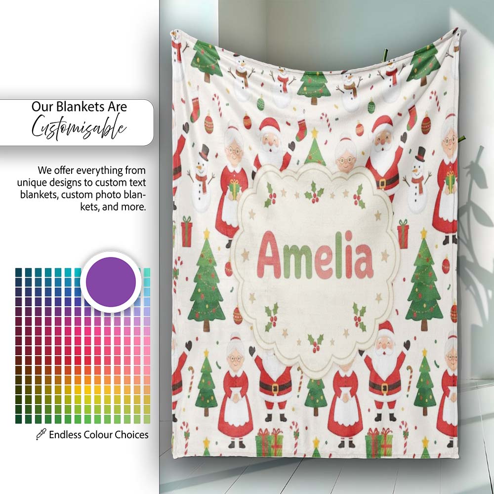 Santa Claus Mrs Snowman Gift Candy Confetti on White Background Personalised Custom Name Super Soft Fleece Blanket Bed Sofa Throw